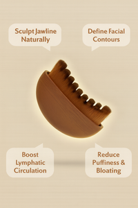 Wooden facial brush with text on a beige background