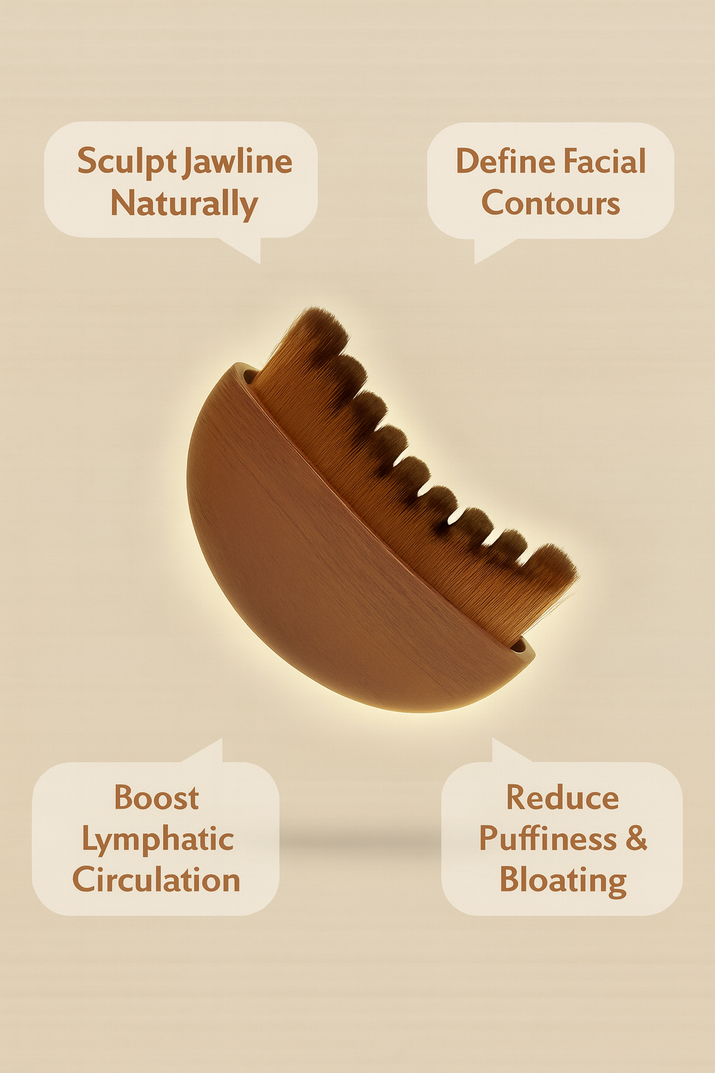 Wooden facial brush with text on a beige background