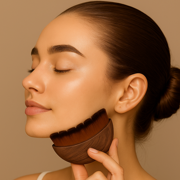 Woman holding a wooden face brush against her face on a beige background