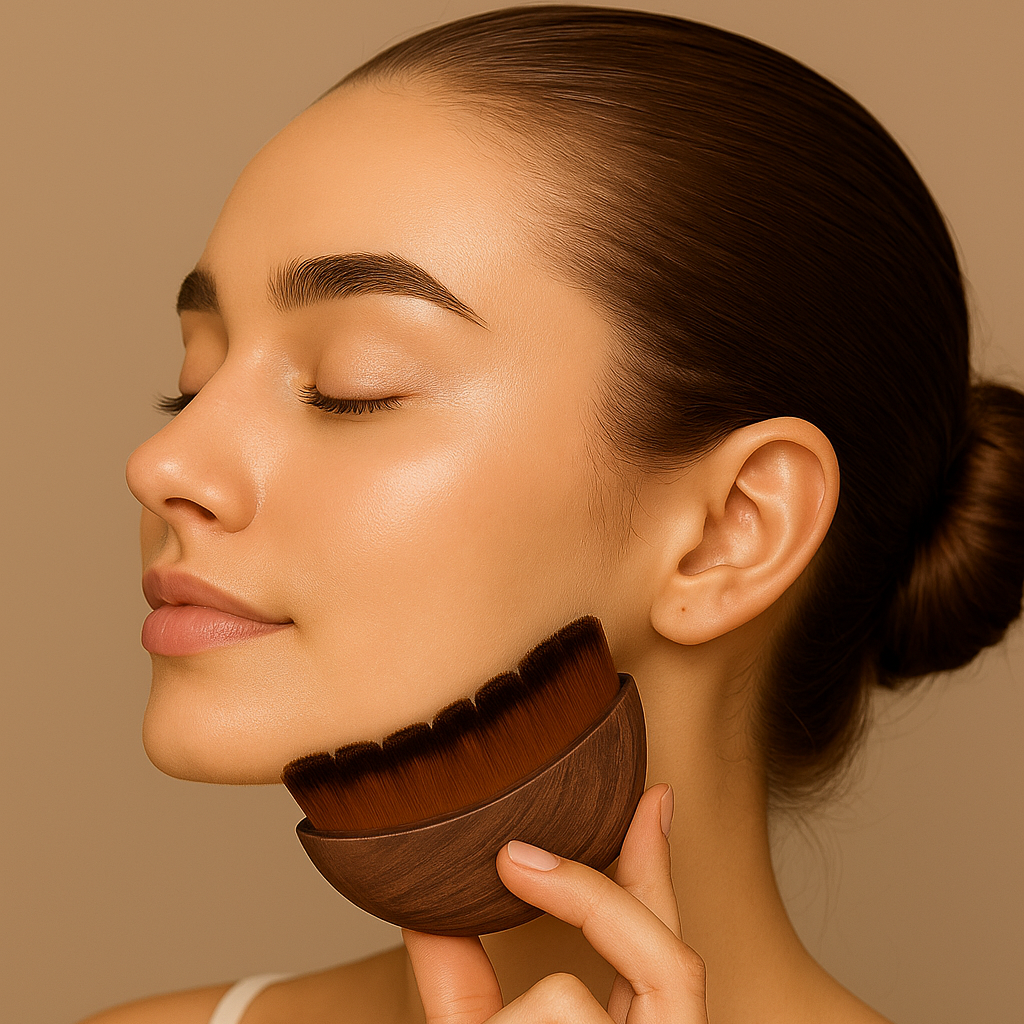 Woman holding a wooden face brush against her face on a beige background